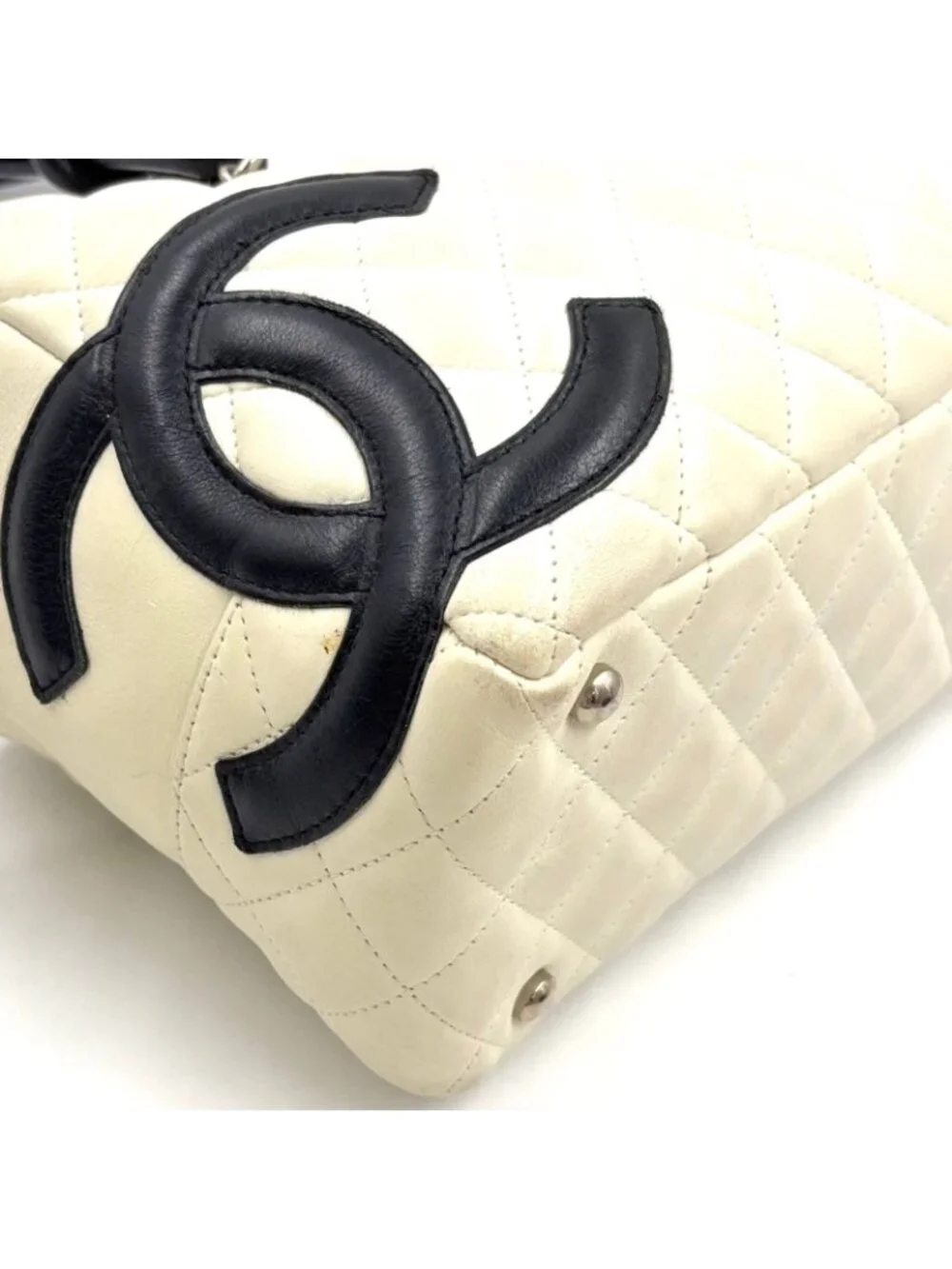 Chanel Cambon Line Bowling Lambskin Black White Shoulder Bag Silver